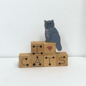 i‎ love cats wood cubes miniature 2 inch decor gray cat figure 90s 80s